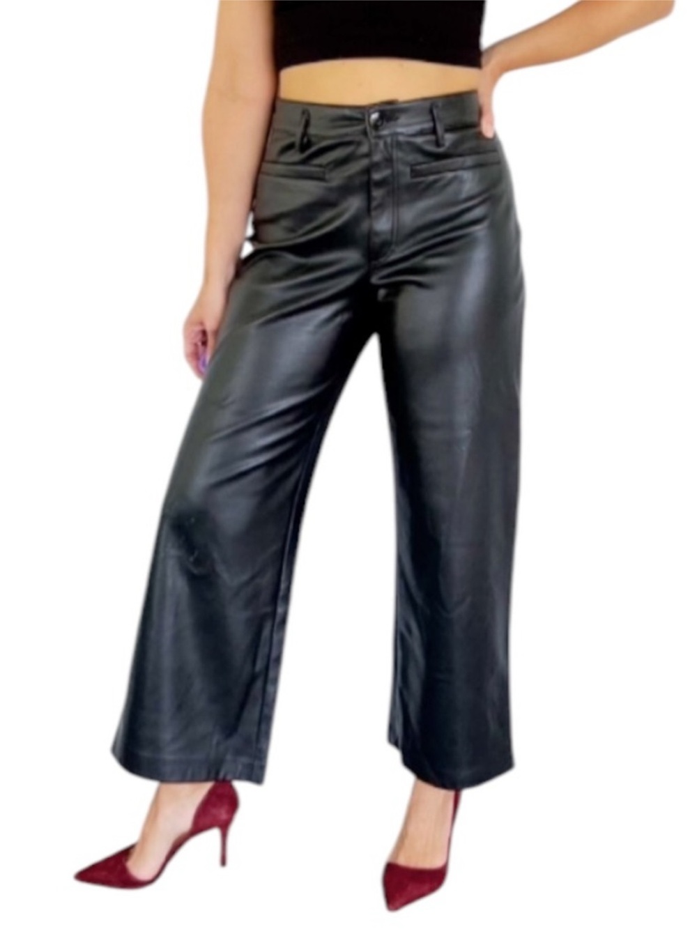 ZARA black vegan leather stretch high rise wide leg ankle crop pants Sz 10 NEW